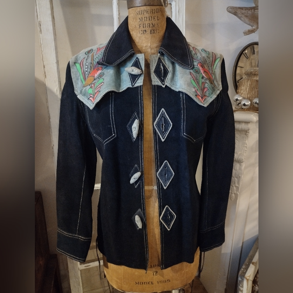 El Toro Bravo Rare 1960s 70s Vintage Mexican suede hand-painted folk art jacket